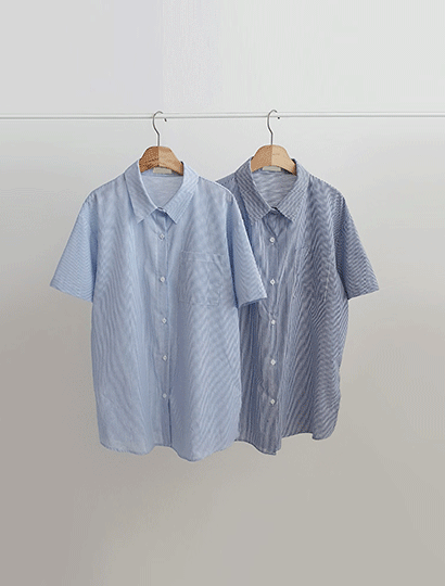 여름 줄무늬 스트라이프 슬릿 오버핏 롱 반팔 셔츠 국내제작